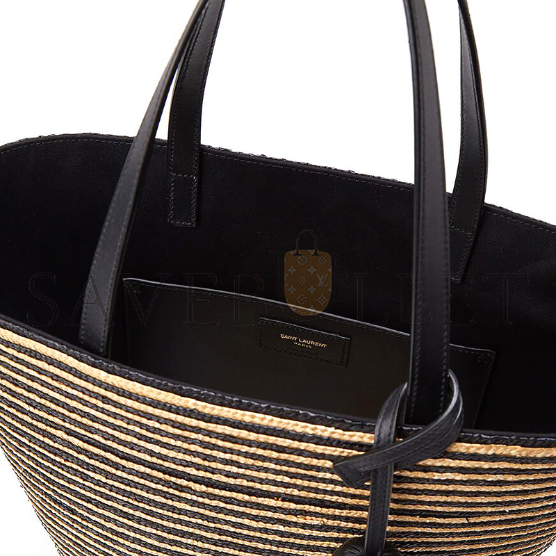 YSL SAINT LAURENT STRIPED TOTE IN RAFFIA AND LEATHER 600308 (30*28*15cm)